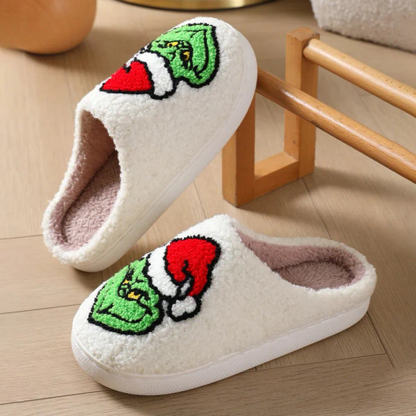 Color: Red, Shoe Size: 44-45 - For Grinch Plush Slippers Flat Thermal Slippers Comfortable Fluffy H F640-12000043066635802