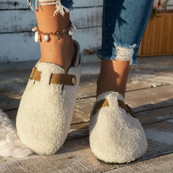 Color: Beige, Shoe Size: 38 - Women Slippers Mules Fur Women Shoes Winter New Buckle Flats Platform F640-12000038687805800