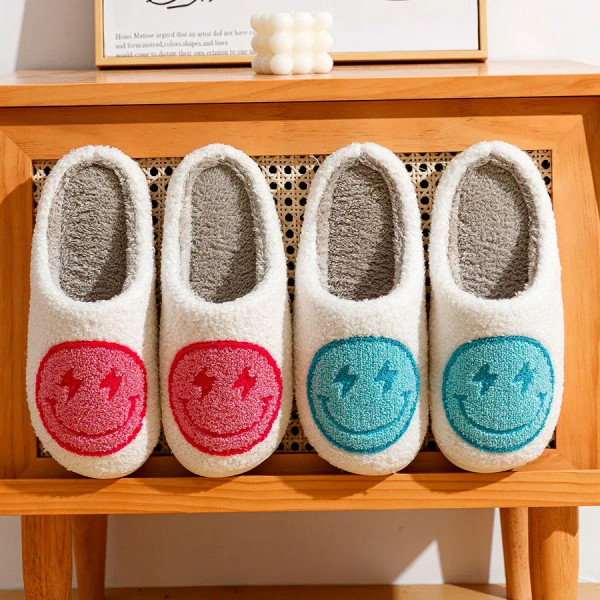 Color: WHITE, Shoe Size: 4.5 - Super Cute Lightning Smile Face Slippers For Women House Funny Ladie F640-12000037922833548