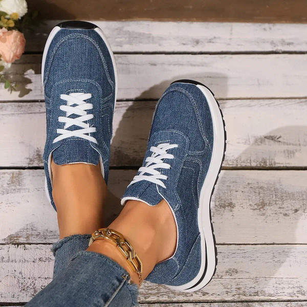 Color: black, Shoe Size: 37 - Blue Denim Platform Sneakers Women Fashion Thick Sole Lace Up Sports  F640-12000042318859238