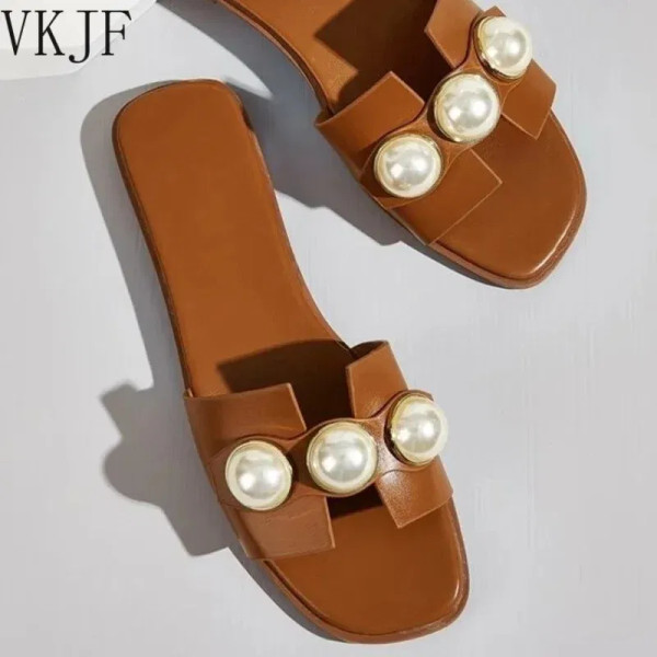 Color: Beige, Shoe Size: 39 - Slippers Women 2025 New Flat Slippers Party Shoes Fashion Pearl Sanda F640-12000032304030304
