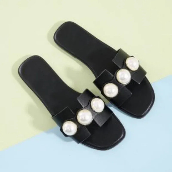 Color: Beige, Shoe Size: 39 - Slippers Women 2025 New Flat Slippers Party Shoes Fashion Pearl Sanda F640-12000032304030304