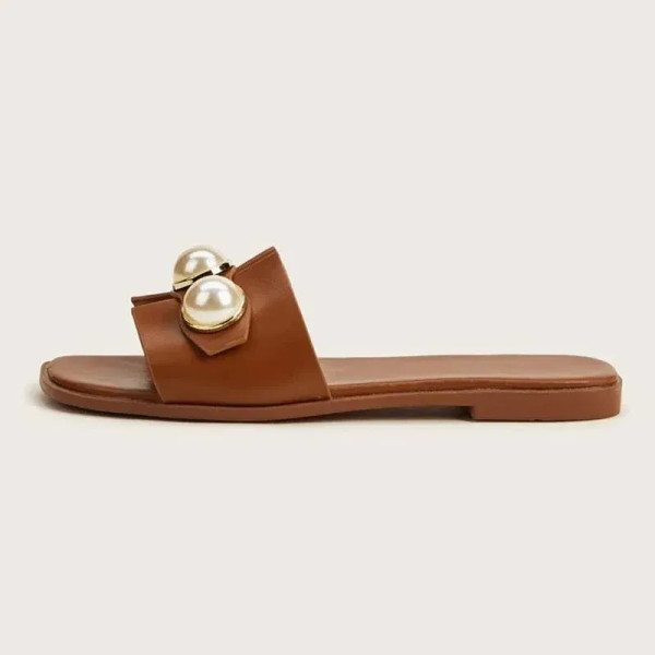 Color: Beige, Shoe Size: 39 - Slippers Women 2025 New Flat Slippers Party Shoes Fashion Pearl Sanda F640-12000032304030304
