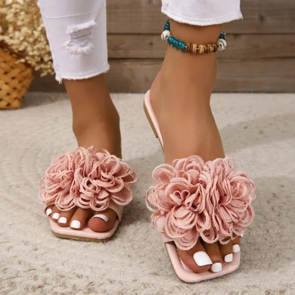 Color: Lavender, Shoe Size: 36 - Women's Flower Flat Slippers 2023 Summer Plus Size Shoes New Squar F640-12000033705654295