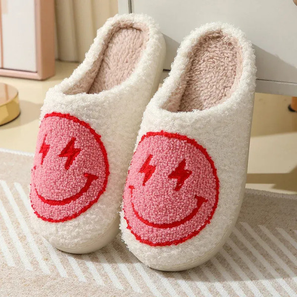 Color: black, Shoe Size: 45 - Leopard Print Winter Slippers Women Lightning Smile Face Fluffy Fur S F640-12000039819798241