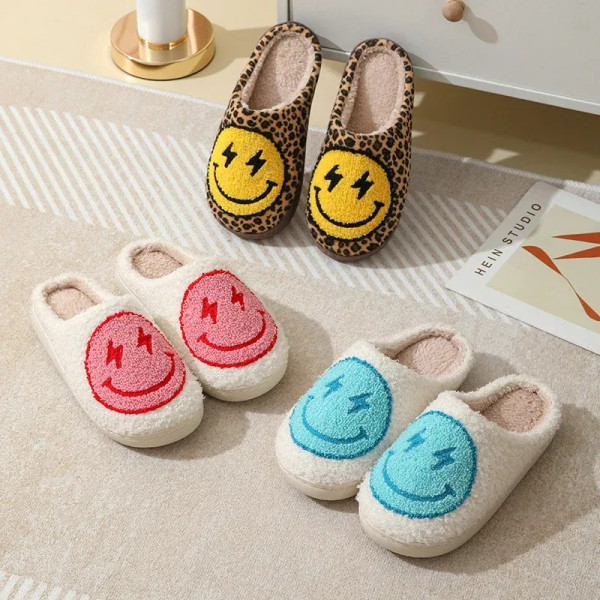 Color: black, Shoe Size: 45 - Leopard Print Winter Slippers Women Lightning Smile Face Fluffy Fur S F640-12000039819798241