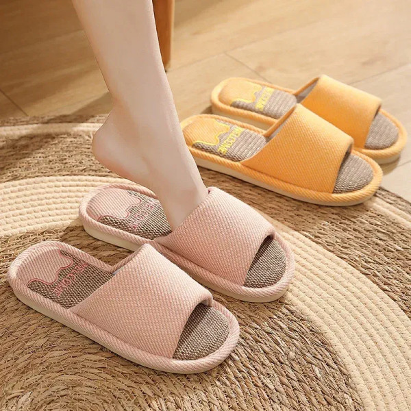 Color: Peacock Green, Shoe Size: 15 - Linen Slippers Indoor Home Breathable Women Men Slides Linen  F640-12000035595400345