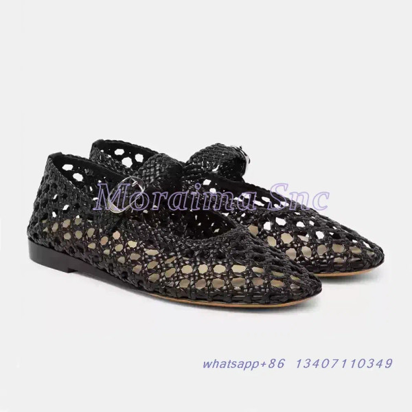 Color: Brown, Shoe Size: 42 - Hollow Woven Leather Ballet Shoes Flat With Round Toe Ankle Buckle St F640-12000044408765526