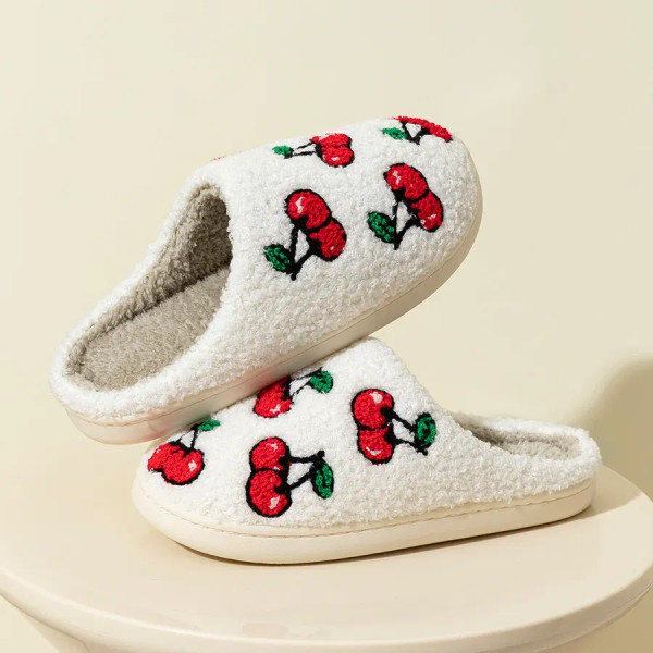 Color: Yellow, Shoe Size: 5 - Cute Little Cherry Slippers Women Fluffy Cherries Fur Plush House Sho F640-12000036086550304
