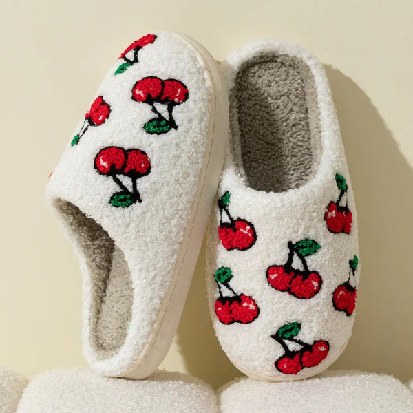 Color: Yellow, Shoe Size: 5 - Cute Little Cherry Slippers Women Fluffy Cherries Fur Plush House Sho F640-12000036086550304