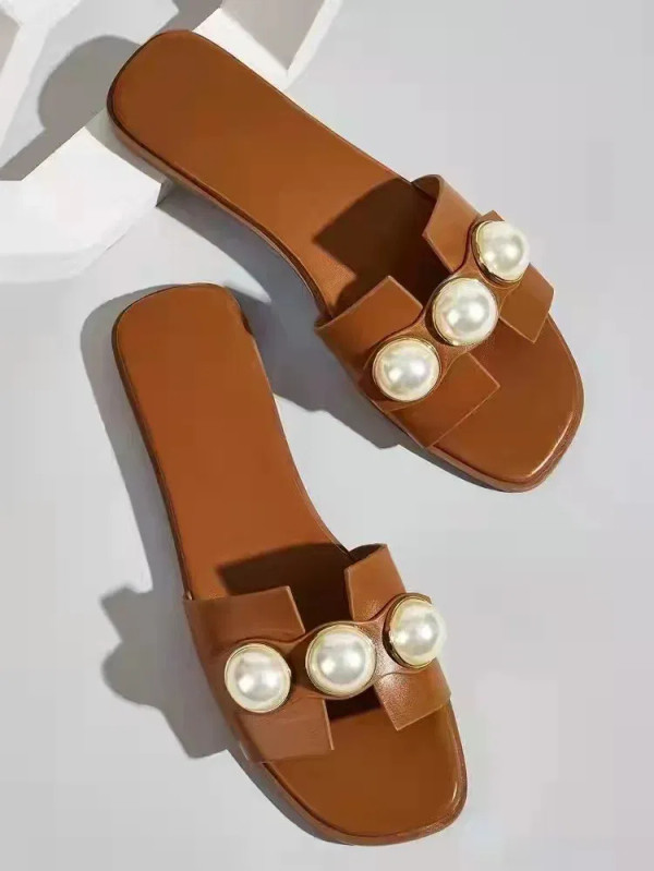 Color: Beige, Shoe Size: 37 - Slippers Women 2025 New Flat Slippers Party Shoes Fashion Pearl Sanda F640-12000032304030302
