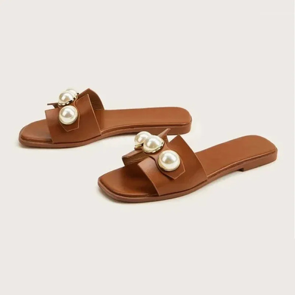 Color: Beige, Shoe Size: 37 - Slippers Women 2025 New Flat Slippers Party Shoes Fashion Pearl Sanda F640-12000032304030302