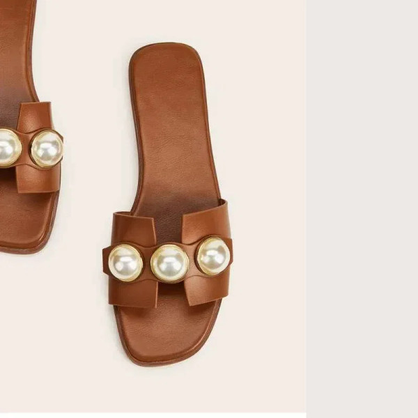 Color: Beige, Shoe Size: 37 - Slippers Women 2025 New Flat Slippers Party Shoes Fashion Pearl Sanda F640-12000032304030302