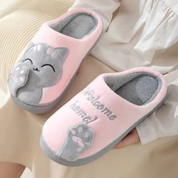 Shoe Size: 40-41, Color: Beige - Winter Warm Fur Slippers Cartoon Cat Non-Slip Women and Men Soft H F640-12000041231744237