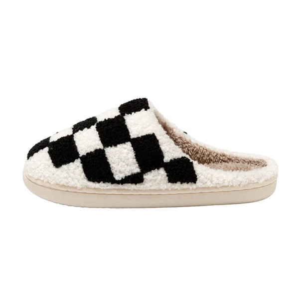 Color: Pink, Shoe Size: 5 - New Fuzzy Slippers Fashion Checker Indoor Embroidery Houseshoes Cozy Wo F640-12000035944199943