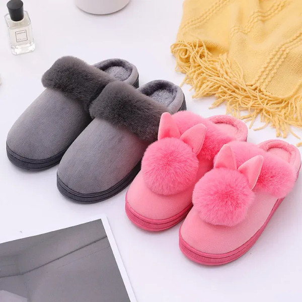 Color: Peacock Green, Shoe Size: 33.5 - 2023 Autumn Winter Women Men Cotton Slippers Rabbit Ear Hom F640-12000036026561215