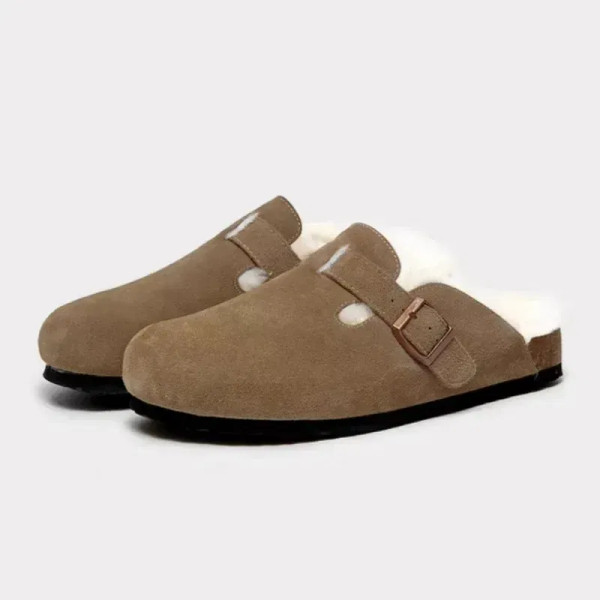Color: Beige, Shoe Size: 43 - Fashion Warm Mules Slippers Women New Clogs Cork Home Shoes Women wit F640-12000042553605148