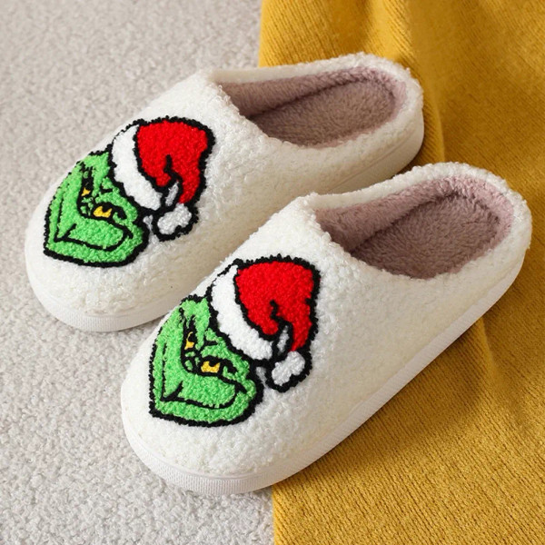Color: Red, Shoe Size: 38-39 - For Grinch Plush Slippers Flat Thermal Slippers Comfortable Fluffy H F640-12000043066635799