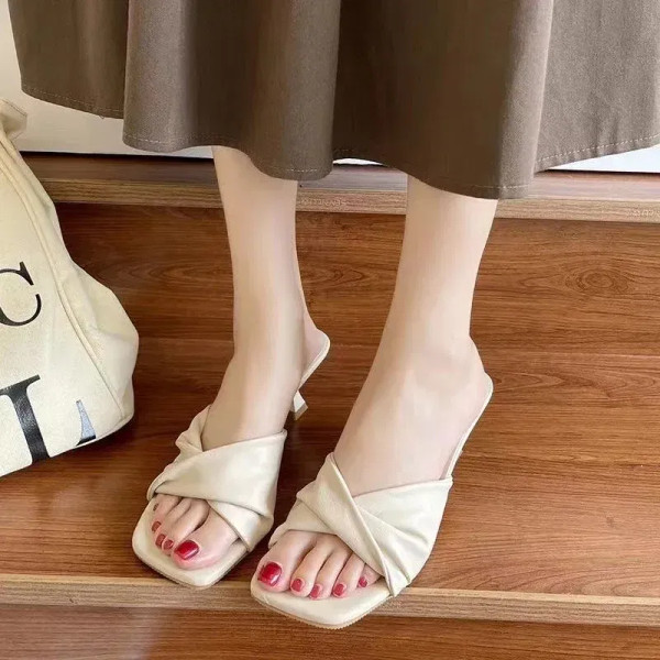 Color: Beige, Shoe Size: 35 - Summer Fashion Simple Ladies Slippers Dew Feet High Heels Solid Color F640-12000032489130594