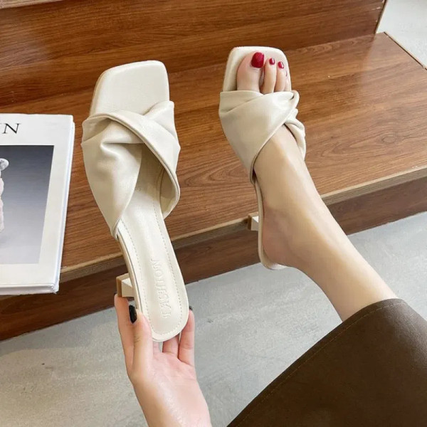 Color: Beige, Shoe Size: 43 - Summer Fashion Simple Ladies Slippers Dew Feet High Heels Solid Color F640-12000034528137672