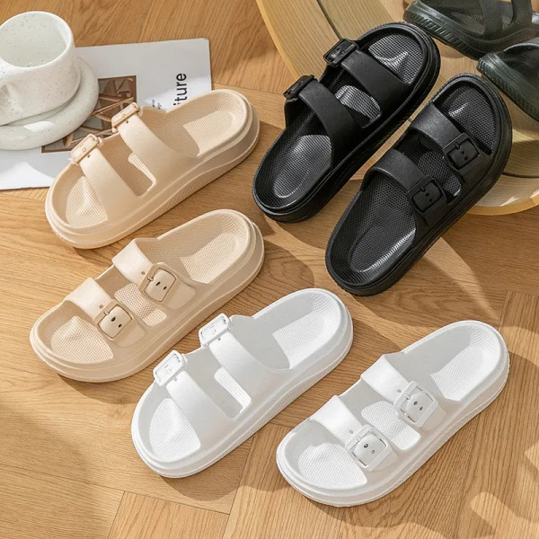 Color: Grape, Shoe Size: 33.5 - Thick Platform Cloud Slippers Women Double Buckle Soft Sole Pillow  F640-12000039931842748