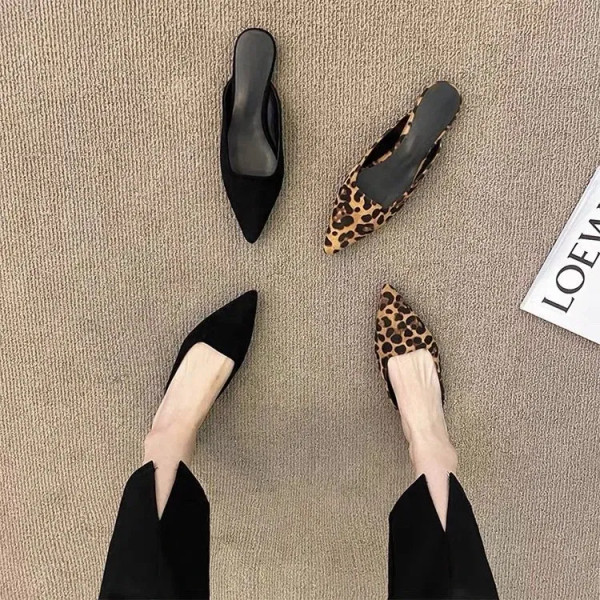 Color: Beige, Shoe Size: 39 - Women Slippers Pointed Toe Leopard Design Shallow Slip on Thin Low He F640-12000033462643253