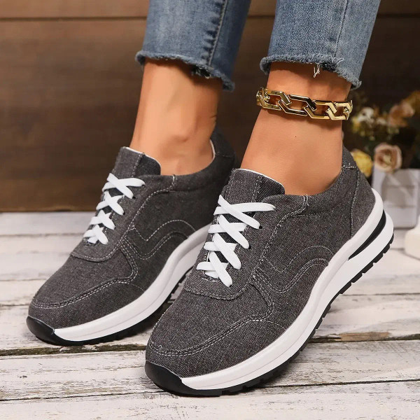 Color: Blue, Shoe Size: 40 - Blue Denim Platform Sneakers Women Fashion Thick Sole Lace Up Sports S F640-12000042318859249