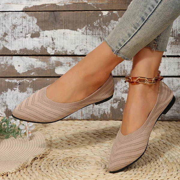 Color: Beige, Shoe Size: 41 - Pointed Toe Flat Shoes Women Solid Color Knitted Slip on Shoes Casual F640-12000038125606637