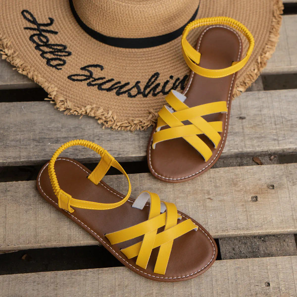 Color: Yellow, Shoe Size: 39 - Shoes for Women 2024 Summer New Women Flat Sandals Bottom Roman Stra F640-12000038720001216