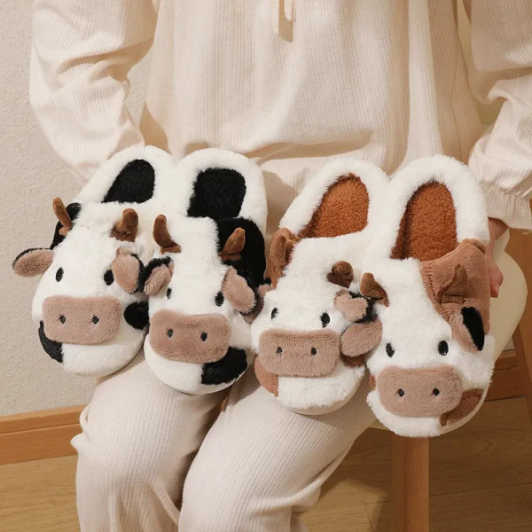 Color: black, Shoe Size: 39 - New Winter Unisex Cartoon Cow Warm Plush Slippers Couple's Indoor Non F640-12000039396966139