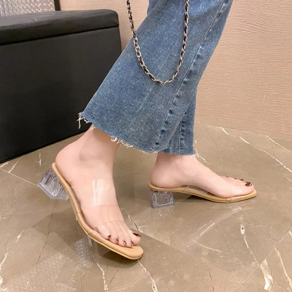 Color: Khaki, Shoe Size: 40 - Summer New Transparent Sexy Square Head Open Toe Outwear Women Large  F640-12000036297519024