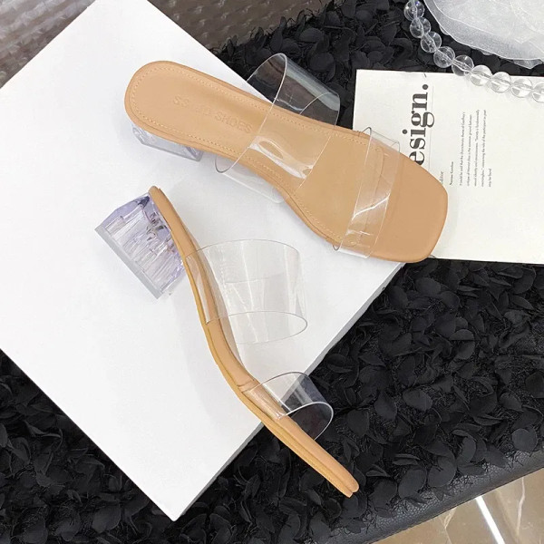 Color: Khaki, Shoe Size: 40 - Summer New Transparent Sexy Square Head Open Toe Outwear Women Large  F640-12000036297519024