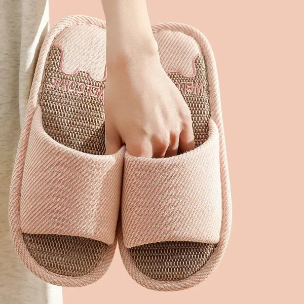 Color: Bronze, Shoe Size: 14.5 - Linen Slippers Indoor Home Breathable Women Men Slides Linen Coupl F640-12000033430213178