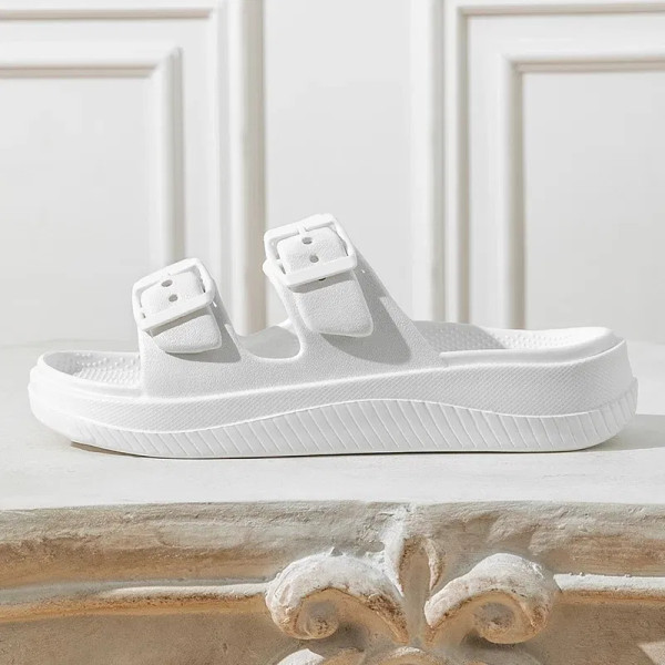 Color: Beige, Shoe Size: 34 - Thick Platform Cloud Slippers Women Double Buckle Soft Sole Pillow Sl F640-12000039931842746