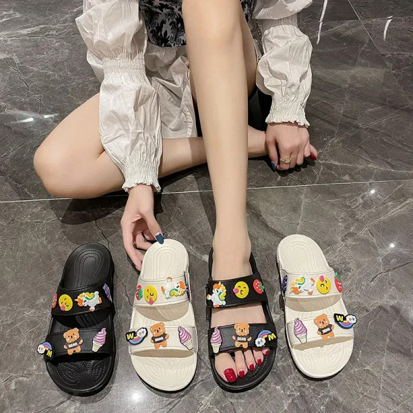 Color: black, Shoe Size: 38 - Women Summer Casual Slides Comfortable Flax Slippers Striped Cartoon  F640-12000036967591198