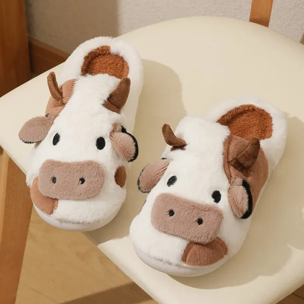 Color: Khaki, Shoe Size: 39 - New Winter Unisex Cartoon Cow Warm Plush Slippers Couple's Indoor Non F640-12000039396966129