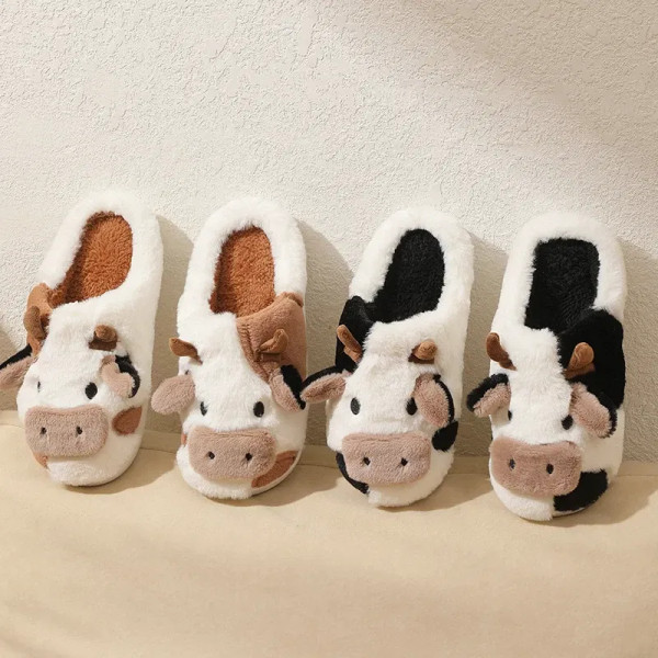 Color: Khaki, Shoe Size: 39 - New Winter Unisex Cartoon Cow Warm Plush Slippers Couple's Indoor Non F640-12000039396966129