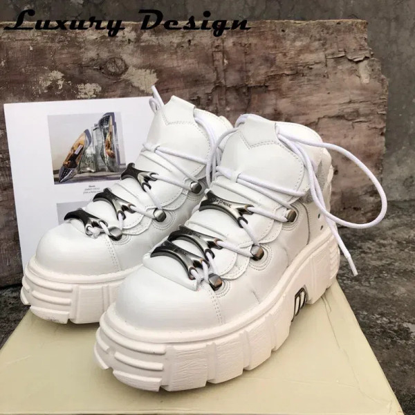 Color: WHITE, Shoe Size: 39 - Punk Style Women Sneakers Lace-up 6CM Platform Shoes Woman Creepers F F640-12000030794491024