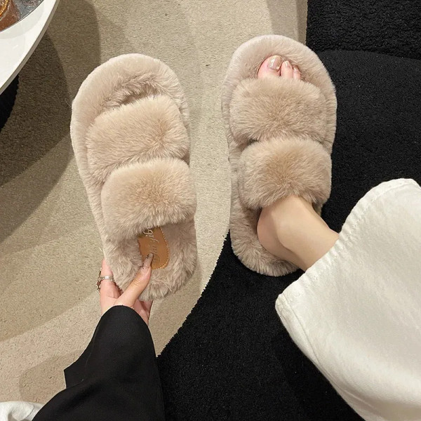 Color: Ivory, Shoe Size: 38 - New Winter Open Toe Slipper Fur Thick Sole Flats Heel Ladies Casual S F640-12000035794326410