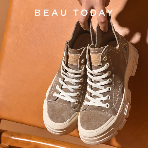 Color: black, Shoe Size: 6 - BeauToday Casual Sneakers Women Suede Leather Round Toe Lace-Free High F640-10000015693275345