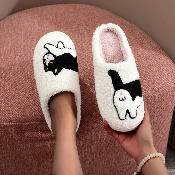 Color: WHITE, Shoe Size: 44 - Cow Cat Pet Pattern Embroidery stuffed Home Platform Cozy Wool Cotton F640-12000040047978847