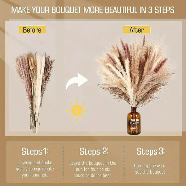 Color: Gold - 105pcs Natural Dried Flowers Pampas Floral Bouquet Boho Country Home Decoration Rabbi F640-12000036340401379