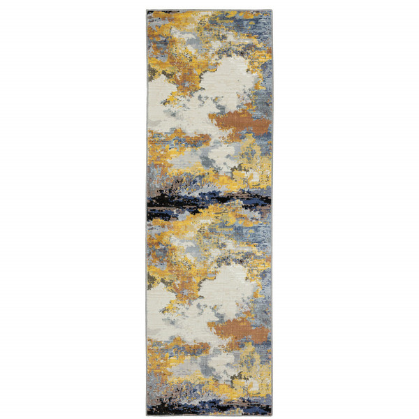 2' X 8' Yellow Gold Blue Grey Brown And Beige Abstract Power Loom Stain Resistant Runner Rug N270-508610