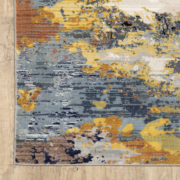 2' X 8' Yellow Gold Blue Grey Brown And Beige Abstract Power Loom Stain Resistant Runner Rug N270-508610