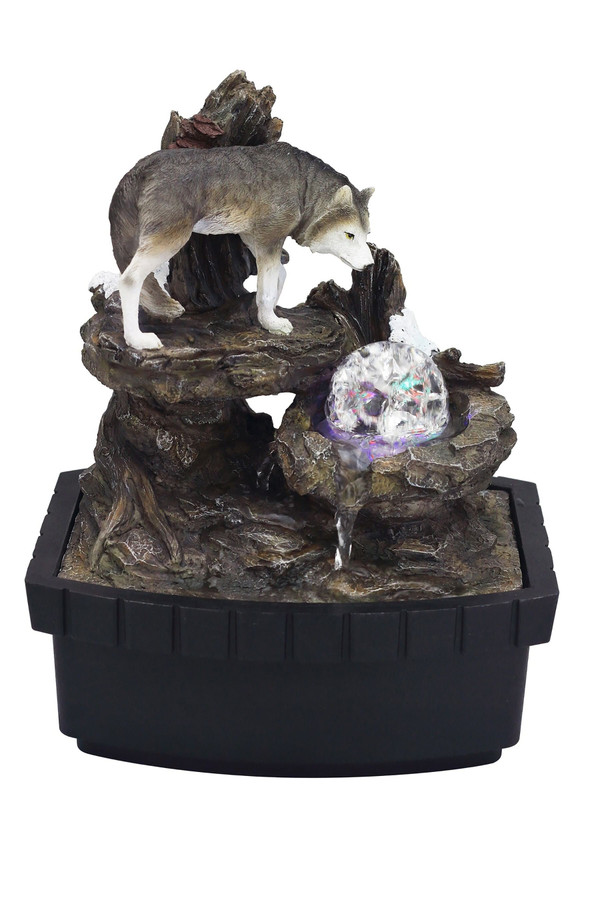 10" Black Polyresin Wolf Tabletop Fountain Sculpture N270-468304