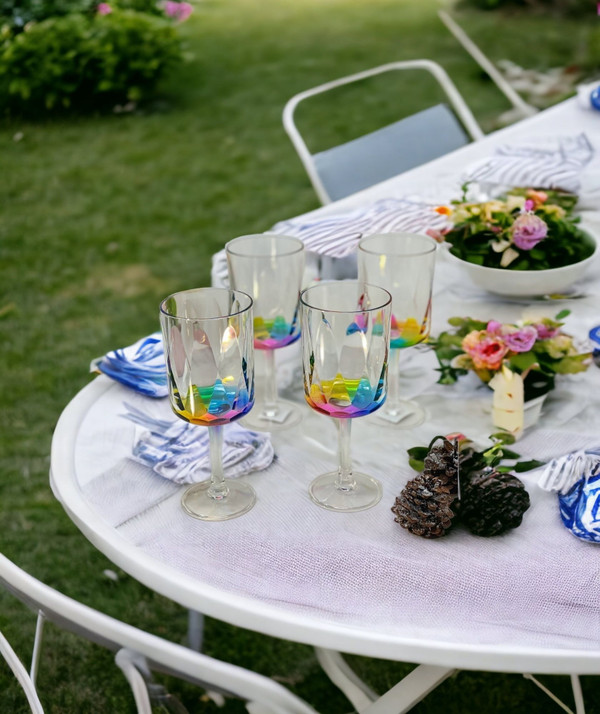 Set of Four Clear and Rainbow Geometric Acrylic Stemmed All Purpose Wine Glasses N270-521117