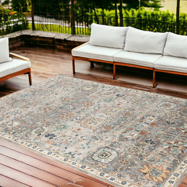 8' X 10' Blue and Orange Floral Stain Resistant Indoor Outdoor Area Rug N270-531510
