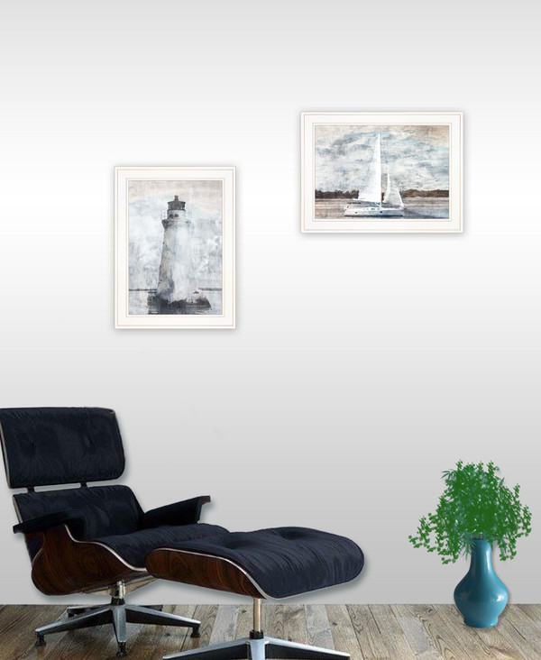 Set Of Two Lighthouse Sailboat 1 White Framed Print Wall Art N270-407079