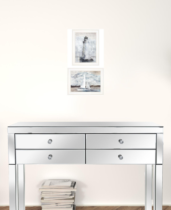 Set Of Two Lighthouse Sailboat 1 White Framed Print Wall Art N270-407079