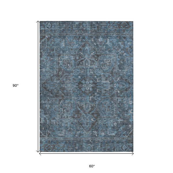 5' X 8' Navy and Black Oriental Washable Non Skid Indoor Outdoor Area Rug N270-563830